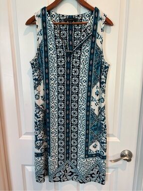 White House Black Market Teal & Navy Geometric Tile Print Shift Dress, Size L